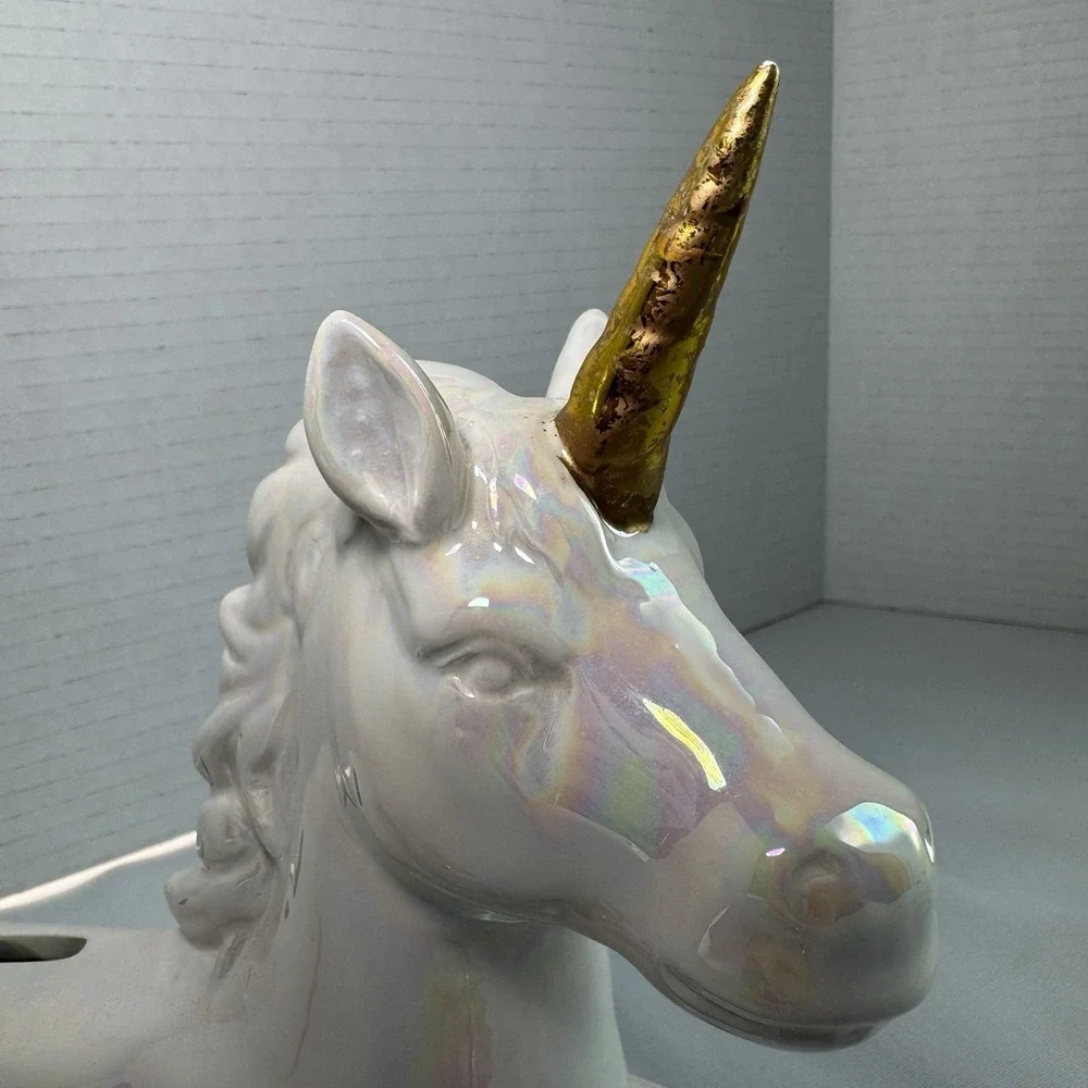 Iridescent Ceramic Unicorn Piggy Bank Gold Horn Rainbow Glaze Coin Bank Fantasy